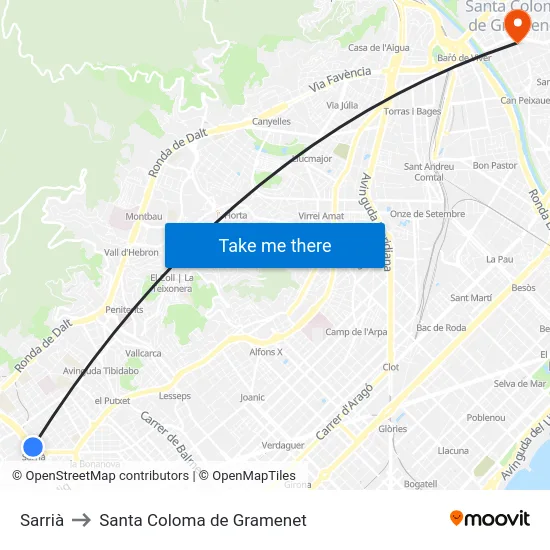 Sarrià to Santa Coloma de Gramenet map