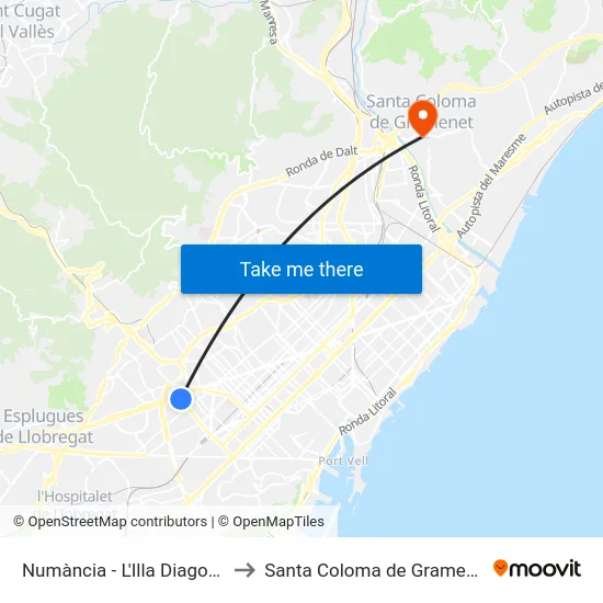 Numància - L'Illa Diagonal to Santa Coloma de Gramenet map