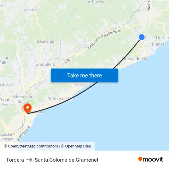 Tordera to Santa Coloma de Gramenet map