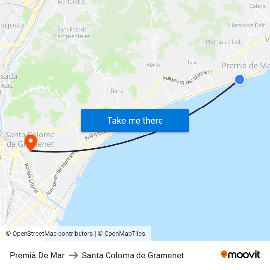 Premià De Mar to Santa Coloma de Gramenet map