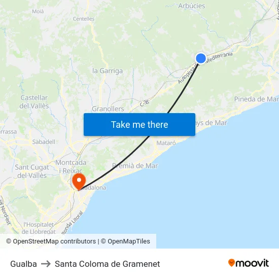 Gualba to Santa Coloma de Gramenet map