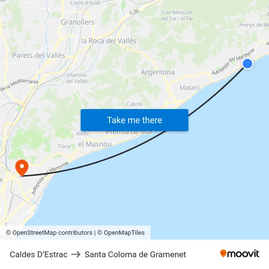 Caldes D’Estrac to Santa Coloma de Gramenet map