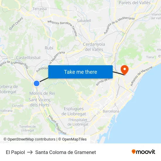 El Papiol to Santa Coloma de Gramenet map