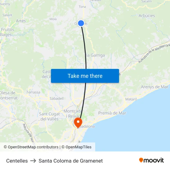 Centelles to Santa Coloma de Gramenet map
