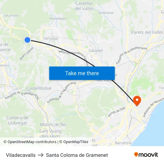 Viladecavalls to Santa Coloma de Gramenet map