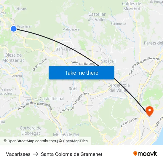 Vacarisses to Santa Coloma de Gramenet map