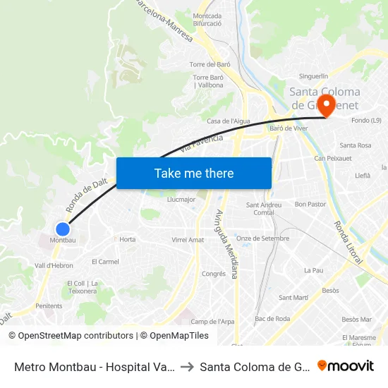 Metro Montbau - Hospital Vall D'Hebron to Santa Coloma de Gramenet map