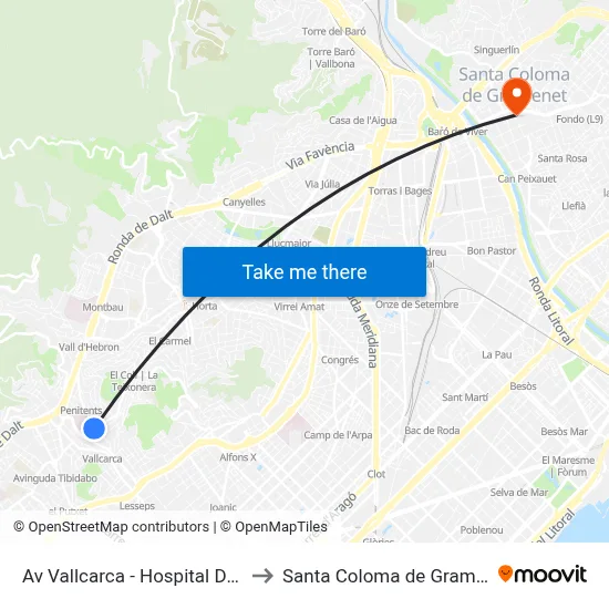 Av Vallcarca - Hospital Delfos to Santa Coloma de Gramenet map