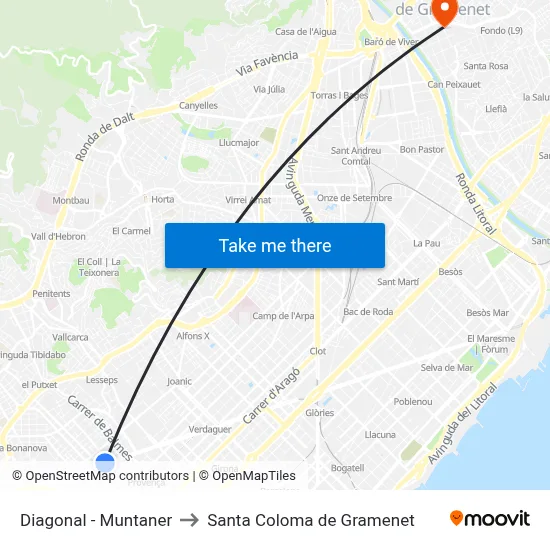 Diagonal - Muntaner to Santa Coloma de Gramenet map