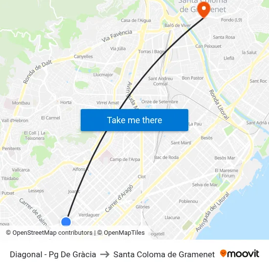 Diagonal - Pg De Gràcia to Santa Coloma de Gramenet map