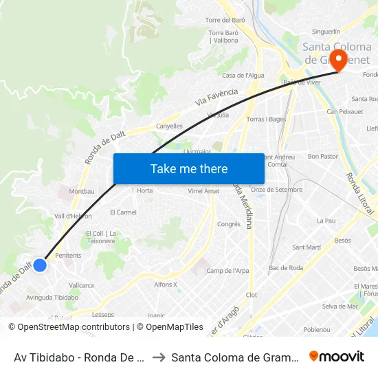 Av Tibidabo - Ronda De Dalt to Santa Coloma de Gramenet map