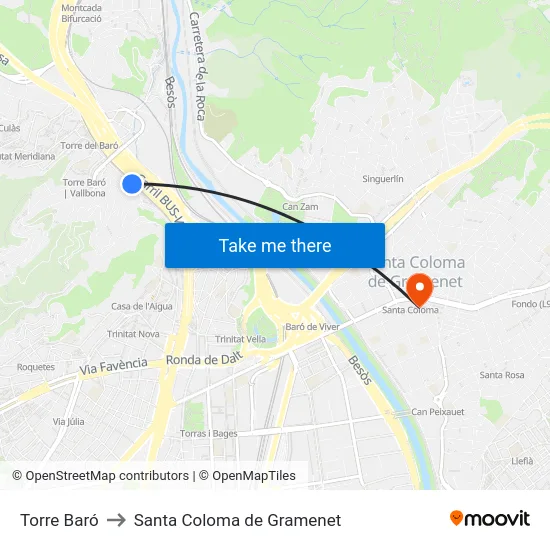 Torre Baró to Santa Coloma de Gramenet map