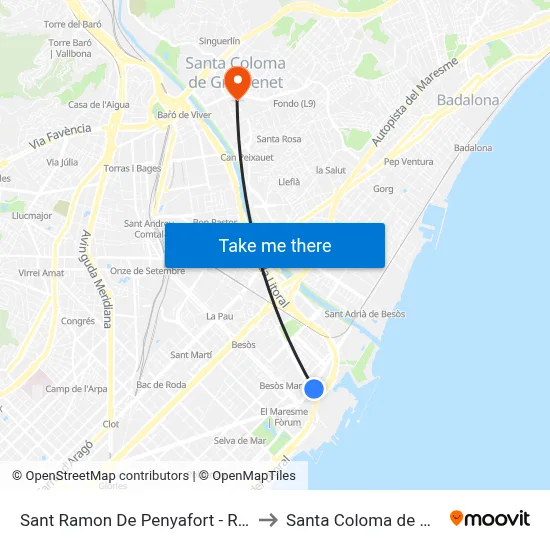 Sant Ramon De Penyafort - Ronda Litoral to Santa Coloma de Gramenet map