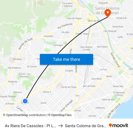 Av Riera De Cassoles - Pl Lesseps to Santa Coloma de Gramenet map