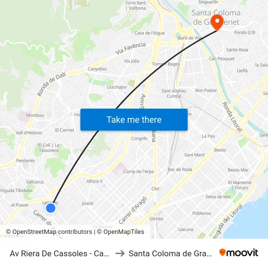 Av Riera De Cassoles - Carolines to Santa Coloma de Gramenet map