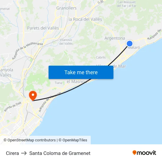 Cirera to Santa Coloma de Gramenet map