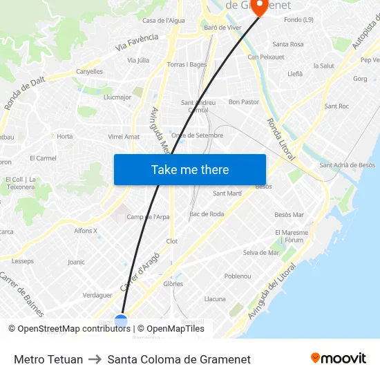 Metro Tetuan to Santa Coloma de Gramenet map