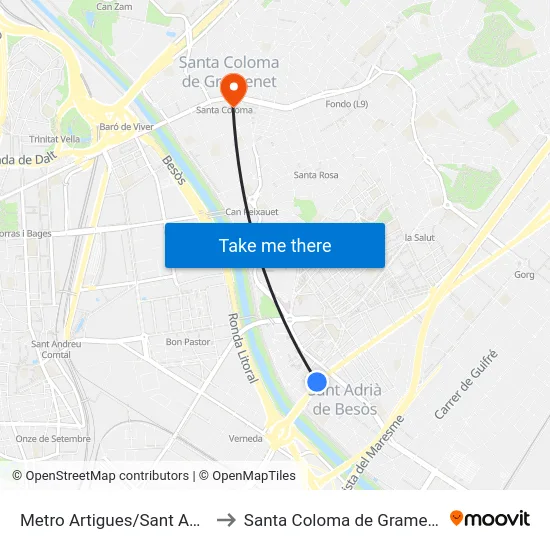 Metro Artigues/Sant Adrià to Santa Coloma de Gramenet map