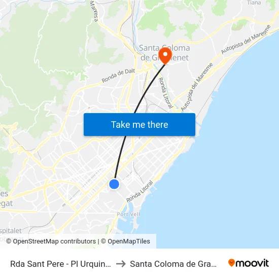 Rda Sant Pere - Pl Urquinaona to Santa Coloma de Gramenet map