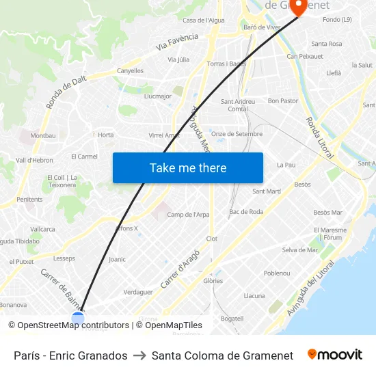 París - Enric Granados to Santa Coloma de Gramenet map