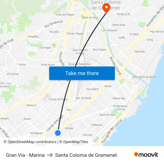 Gran Via - Marina to Santa Coloma de Gramenet map