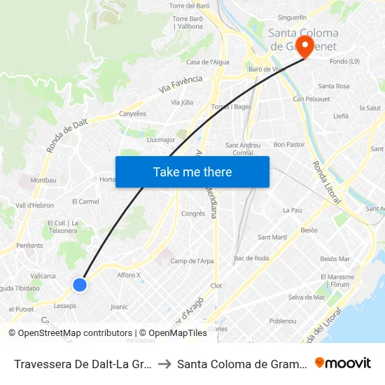 Travessera De Dalt-La Granja to Santa Coloma de Gramenet map