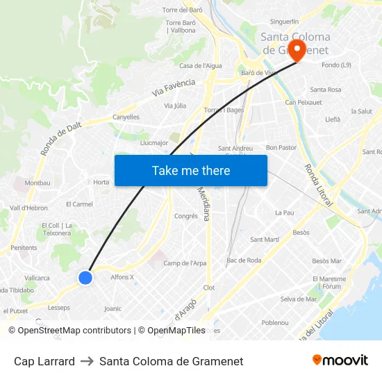 Cap Larrard to Santa Coloma de Gramenet map