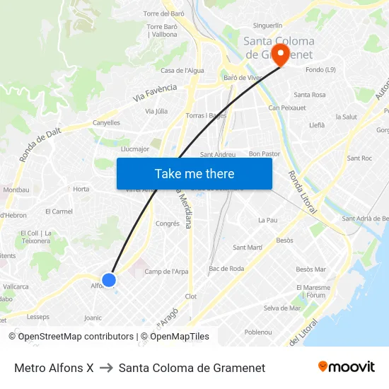 Metro Alfons X to Santa Coloma de Gramenet map