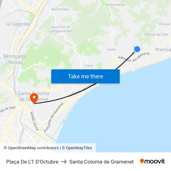 Plaça De L'1 D'Octubre to Santa Coloma de Gramenet map