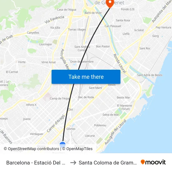 Barcelona - Estació Del Nord to Santa Coloma de Gramenet map