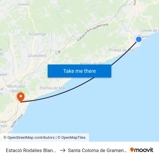 Estació Rodalies Blanes to Santa Coloma de Gramenet map