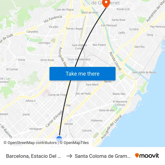 Barcelona, Estacio Del Nord to Santa Coloma de Gramenet map