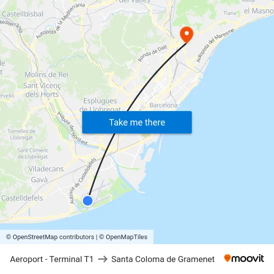 Aeroport - Terminal T1 to Santa Coloma de Gramenet map