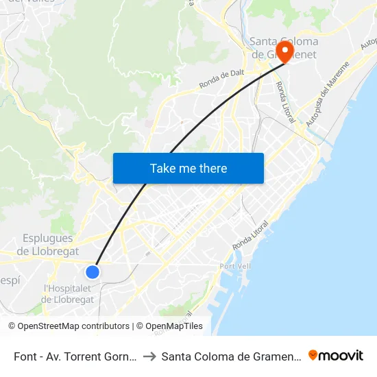 Font - Av. Torrent Gornal to Santa Coloma de Gramenet map