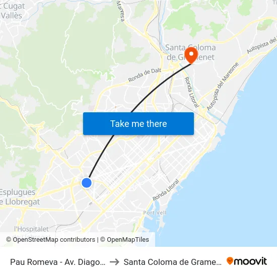 Pau Romeva - Av. Diagonal to Santa Coloma de Gramenet map