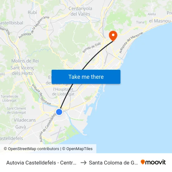 Autovia Castelldefels - Centre Comercial to Santa Coloma de Gramenet map