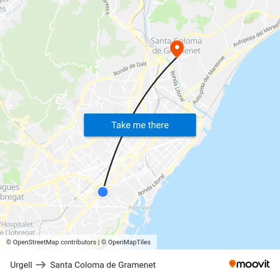 Urgell to Santa Coloma de Gramenet map