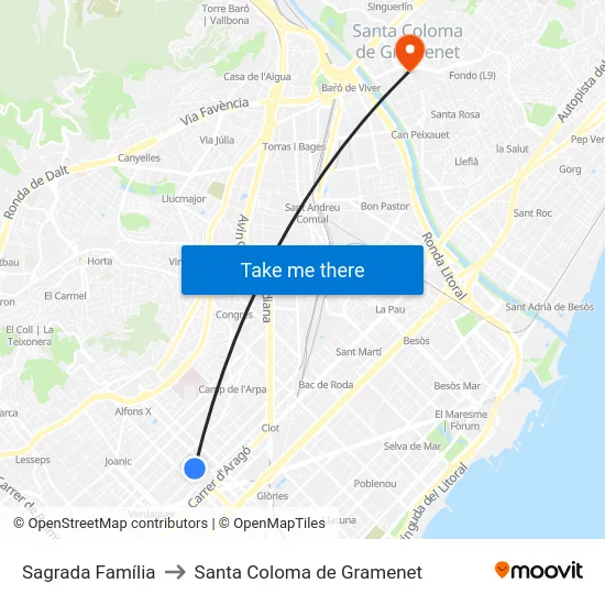 Sagrada Família to Santa Coloma de Gramenet map