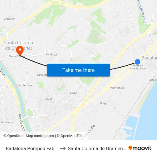 Badalona Pompeu Fabra to Santa Coloma de Gramenet map