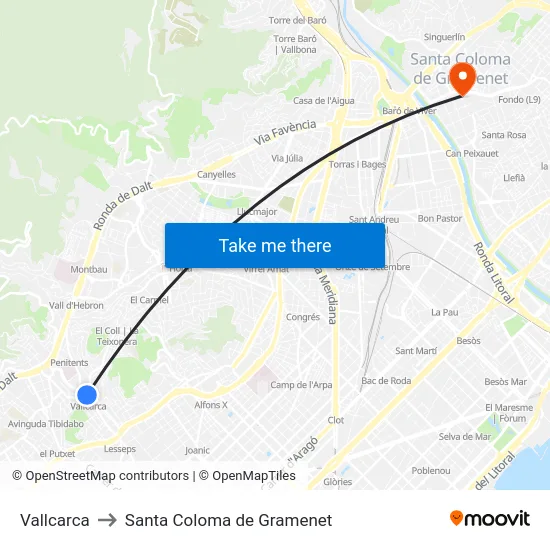 Vallcarca to Santa Coloma de Gramenet map