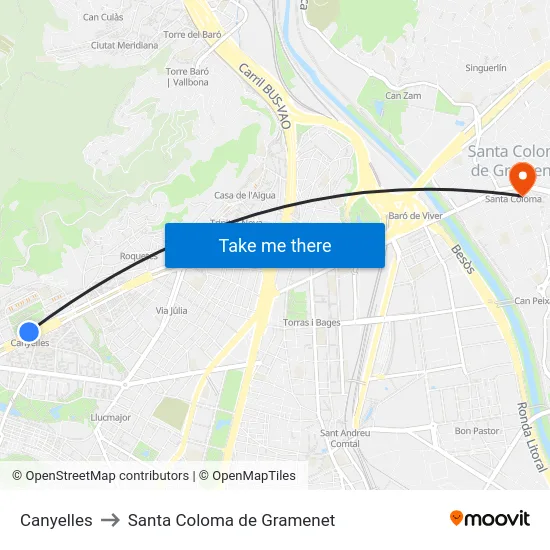 Canyelles to Santa Coloma de Gramenet map
