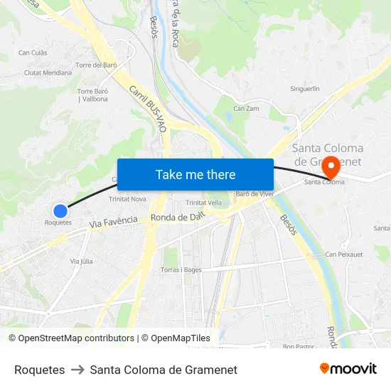 Roquetes to Santa Coloma de Gramenet map