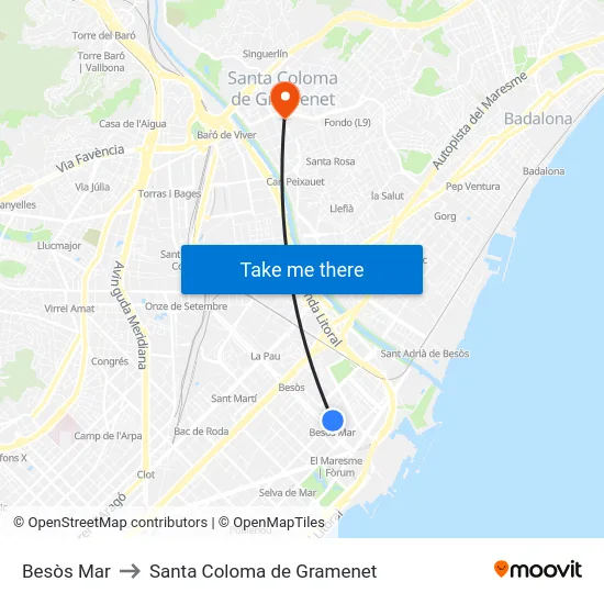Besòs Mar to Santa Coloma de Gramenet map