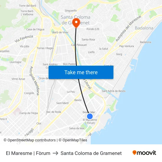 El Maresme | Fòrum to Santa Coloma de Gramenet map