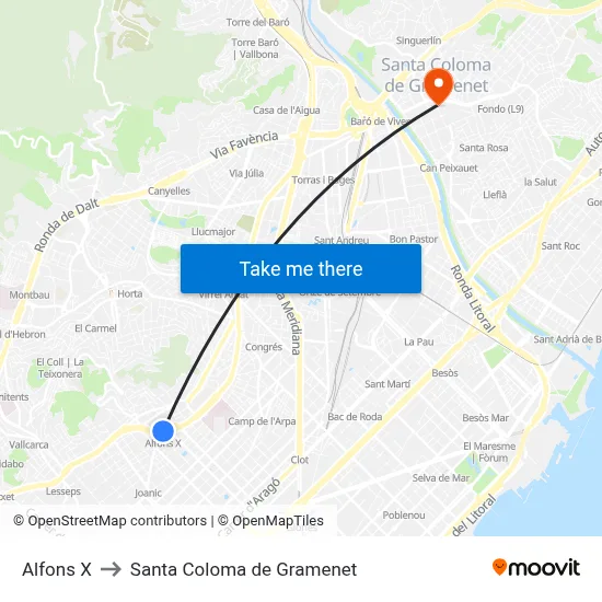 Alfons X to Santa Coloma de Gramenet map