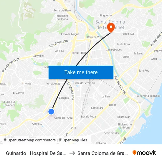 Guinardó | Hospital De Sant Pau to Santa Coloma de Gramenet map