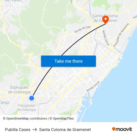 Pubilla Cases to Santa Coloma de Gramenet map