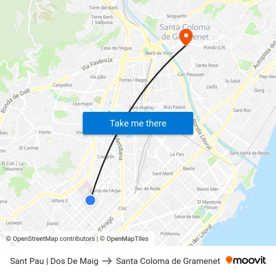 Sant Pau | Dos De Maig to Santa Coloma de Gramenet map