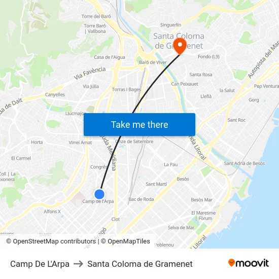 Camp De L'Arpa to Santa Coloma de Gramenet map