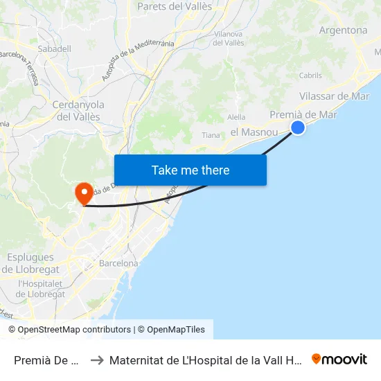 Premià De Mar to Maternitat de L'Hospital de la Vall Hebron map
